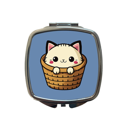Cat Cute Chibi in Basket Small Travel Purse Handbag Pocket Makeup Compact Mirror