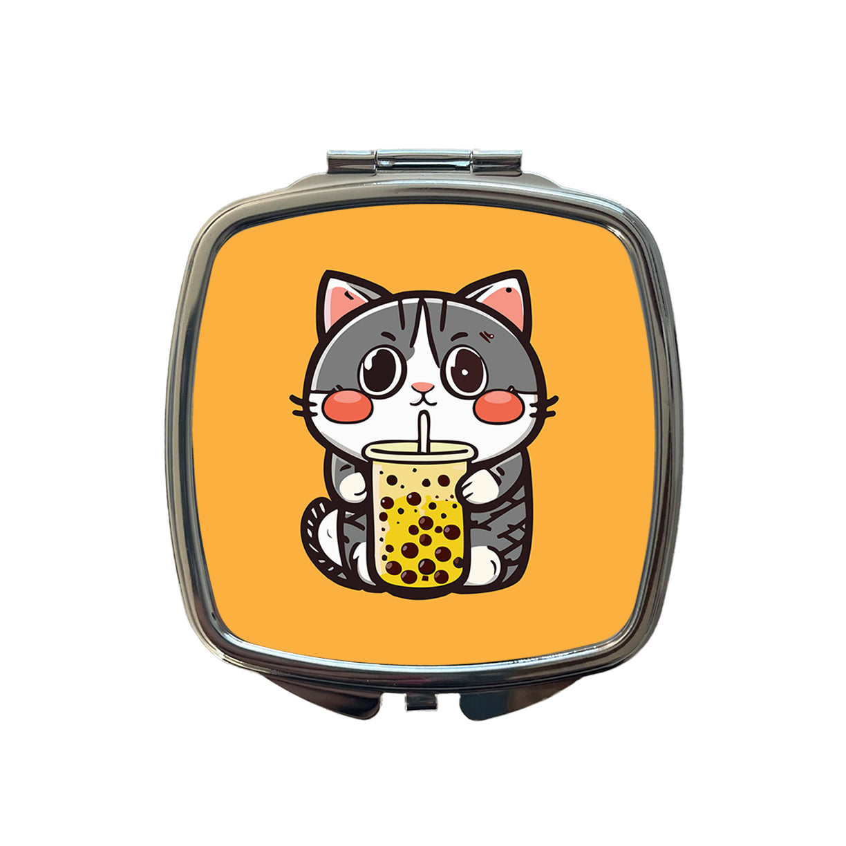 Cat Drinking Boba Bubble Tea Small Travel Purse Handbag Pocket Makeup Compact Mirror