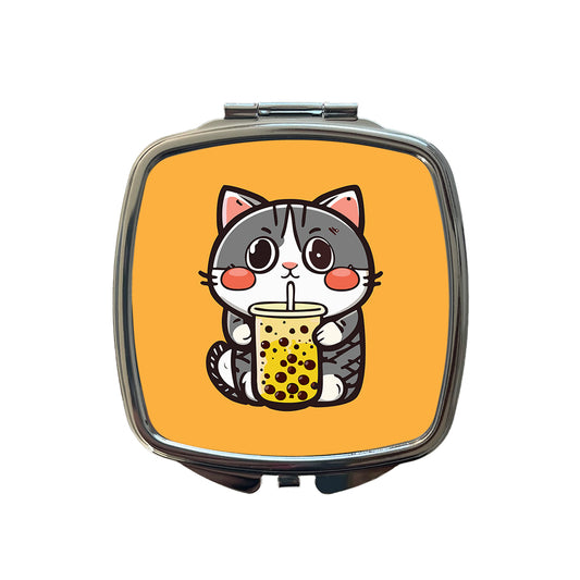 Cat Drinking Boba Bubble Tea Small Travel Purse Handbag Pocket Makeup Compact Mirror