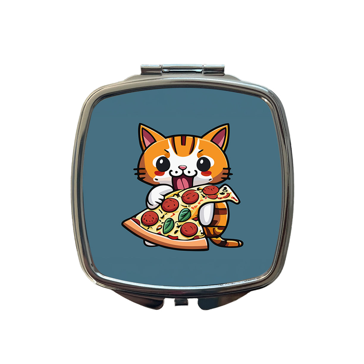 Cat Eating Pizza Funny Small Travel Purse Handbag Pocket Makeup Compact Mirror