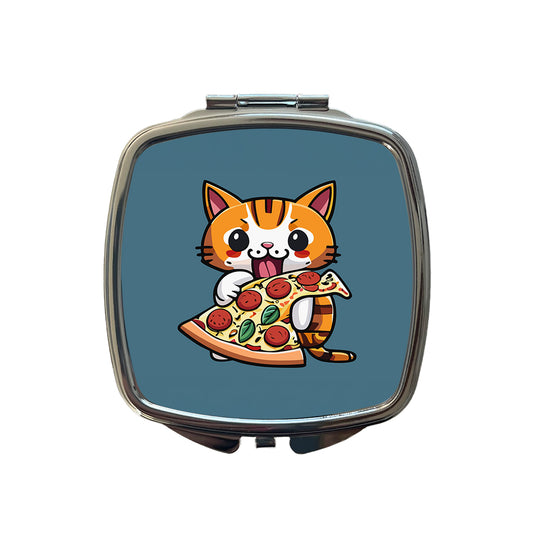 Cat Eating Pizza Funny Small Travel Purse Handbag Pocket Makeup Compact Mirror