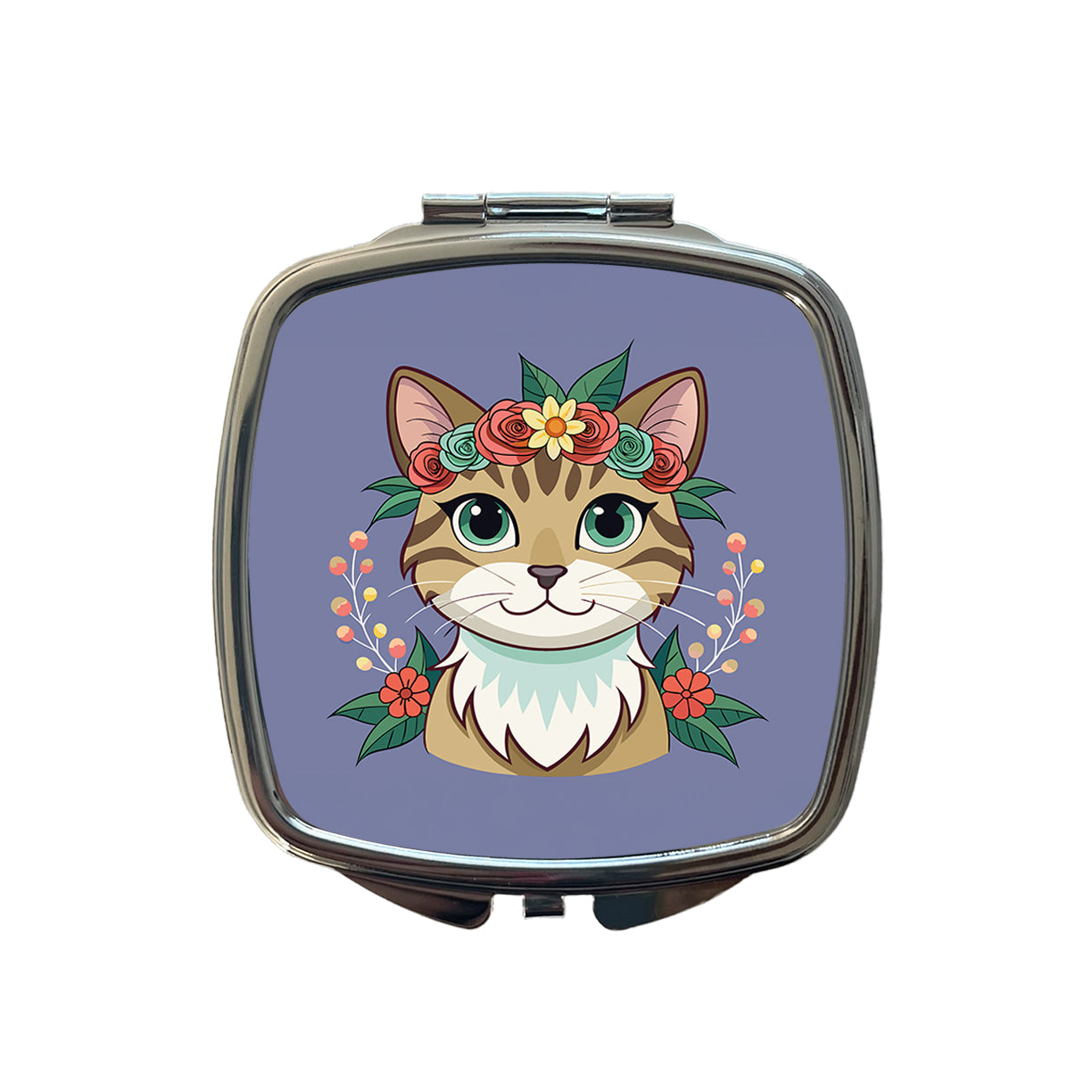 Cat Head Floral Flowers Small Travel Purse Handbag Pocket Makeup Compact Mirror