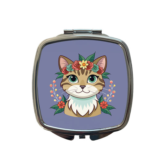Cat Head Floral Flowers Small Travel Purse Handbag Pocket Makeup Compact Mirror