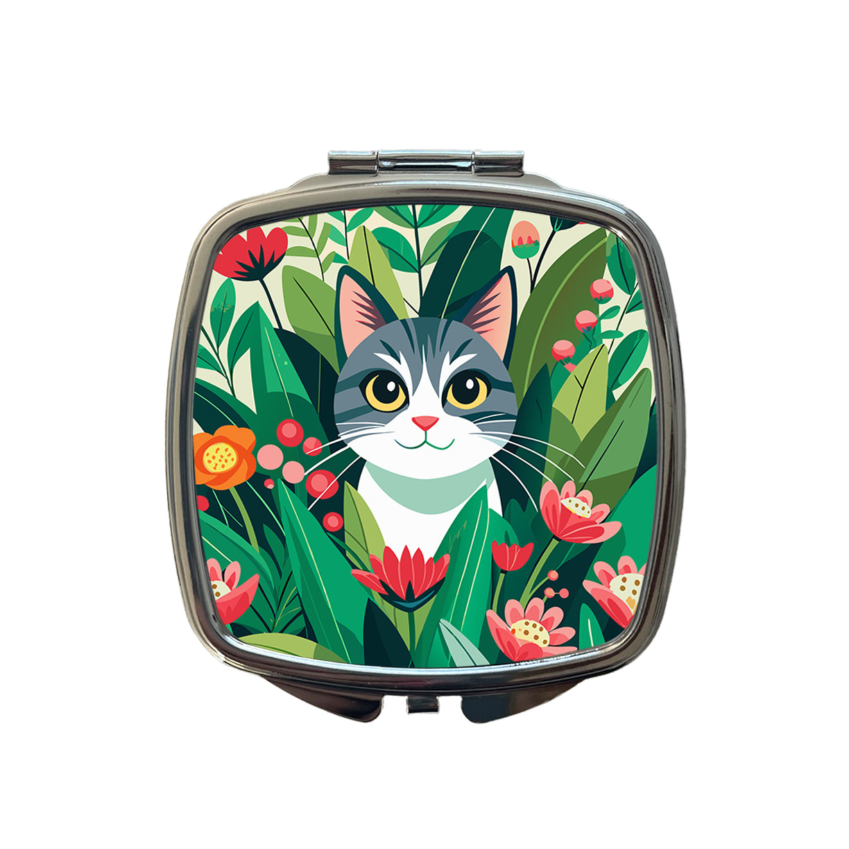 Cat Hiding in Flower Garden Small Travel Purse Handbag Pocket Makeup Compact Mirror
