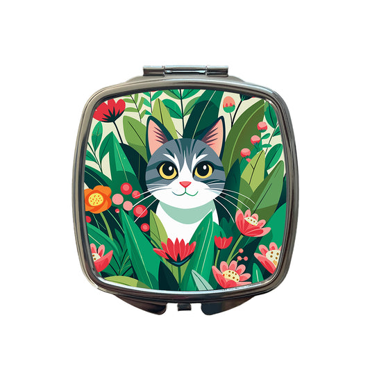 Cat Hiding in Flower Garden Small Travel Purse Handbag Pocket Makeup Compact Mirror