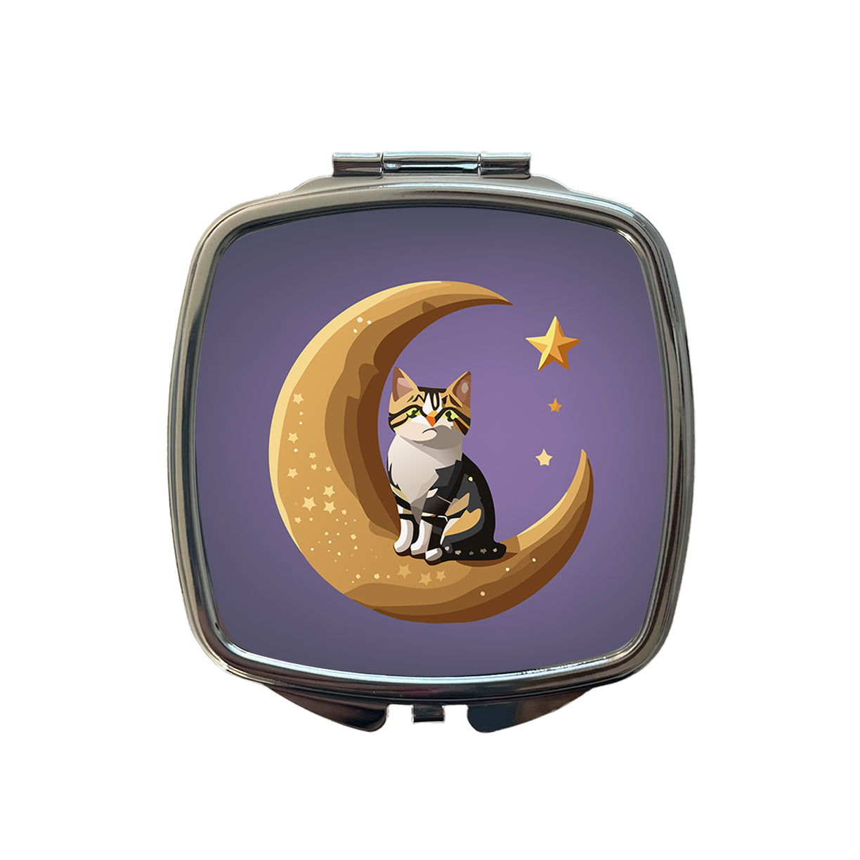 Cat on Crescent Moon Stars Cute Small Travel Purse Handbag Pocket Makeup Compact Mirror
