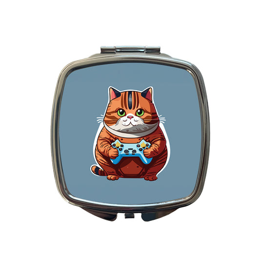 Cat Playing Game Gamer Gaming Chubby Small Travel Purse Handbag Pocket Makeup Compact Mirror