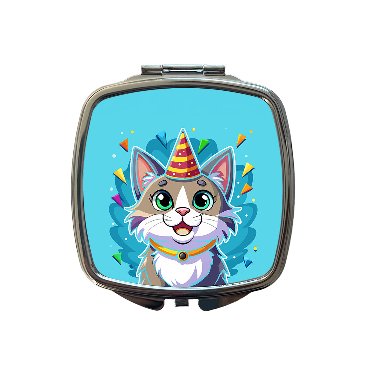 Cat Wearing Birthday Hat Small Travel Purse Handbag Pocket Makeup Compact Mirror