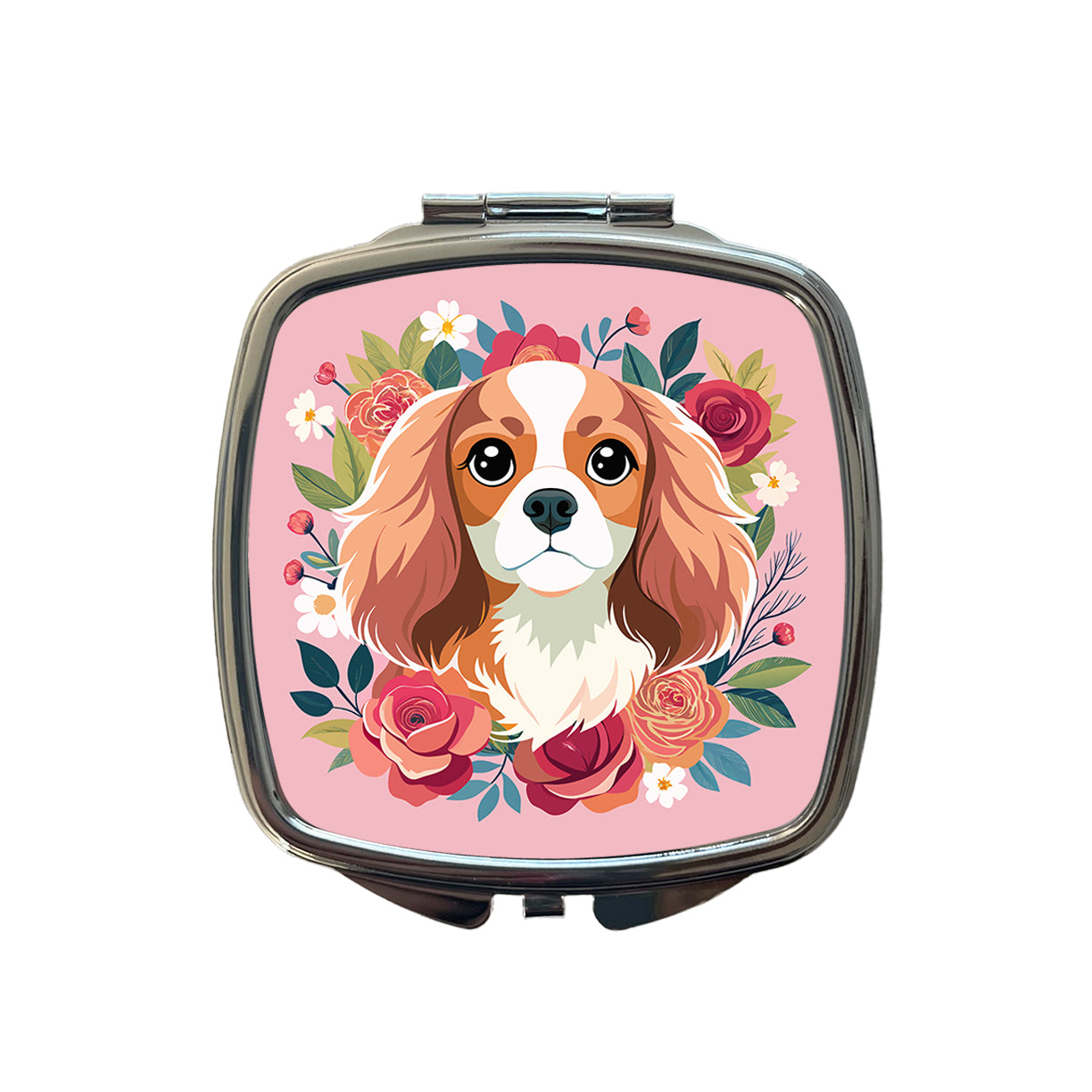 Cavalier King Charles Spaniel Dog Pink Floral Flowers Small Travel Purse Handbag Pocket Makeup Compact Mirror