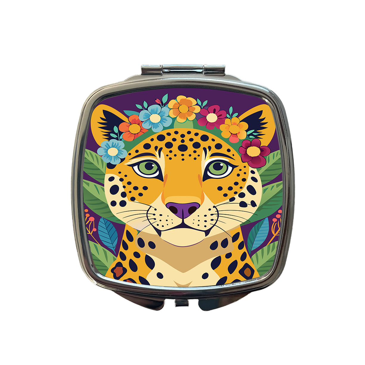 Cheetah Head Floral Flowers Small Travel Purse Handbag Pocket Makeup Compact Mirror