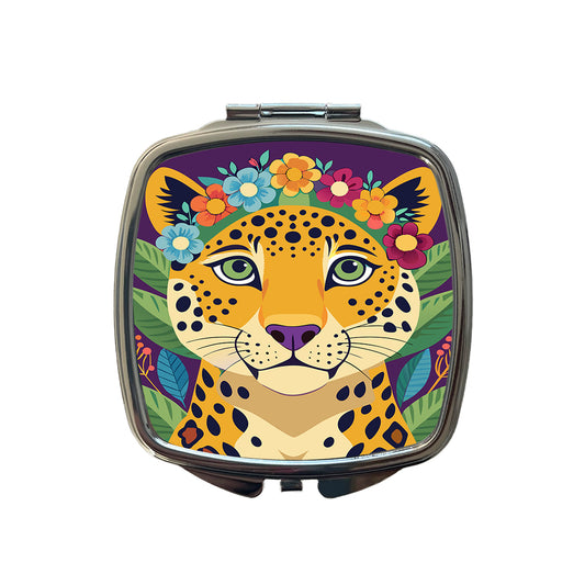 Cheetah Head Floral Flowers Small Travel Purse Handbag Pocket Makeup Compact Mirror