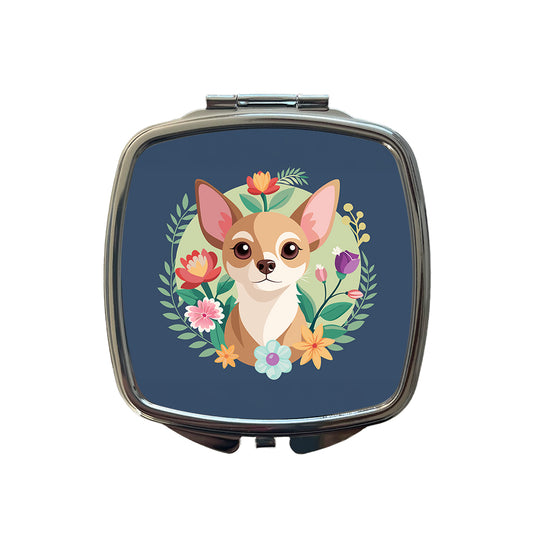 Chihuahua Dog Floral Flowers Small Travel Purse Handbag Pocket Makeup Compact Mirror