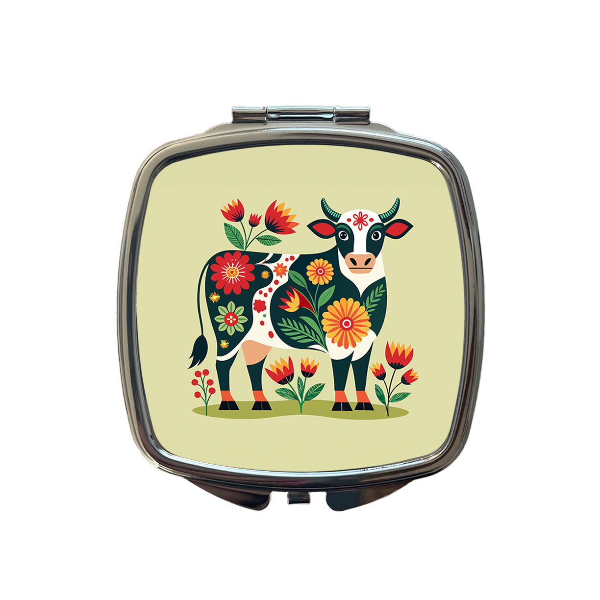 Cow Floral Motif Small Travel Purse Handbag Pocket Makeup Compact Mirror