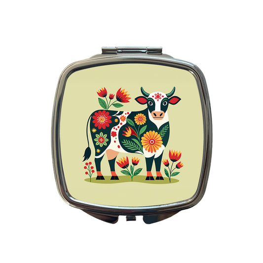 Cow Floral Motif Small Travel Purse Handbag Pocket Makeup Compact Mirror