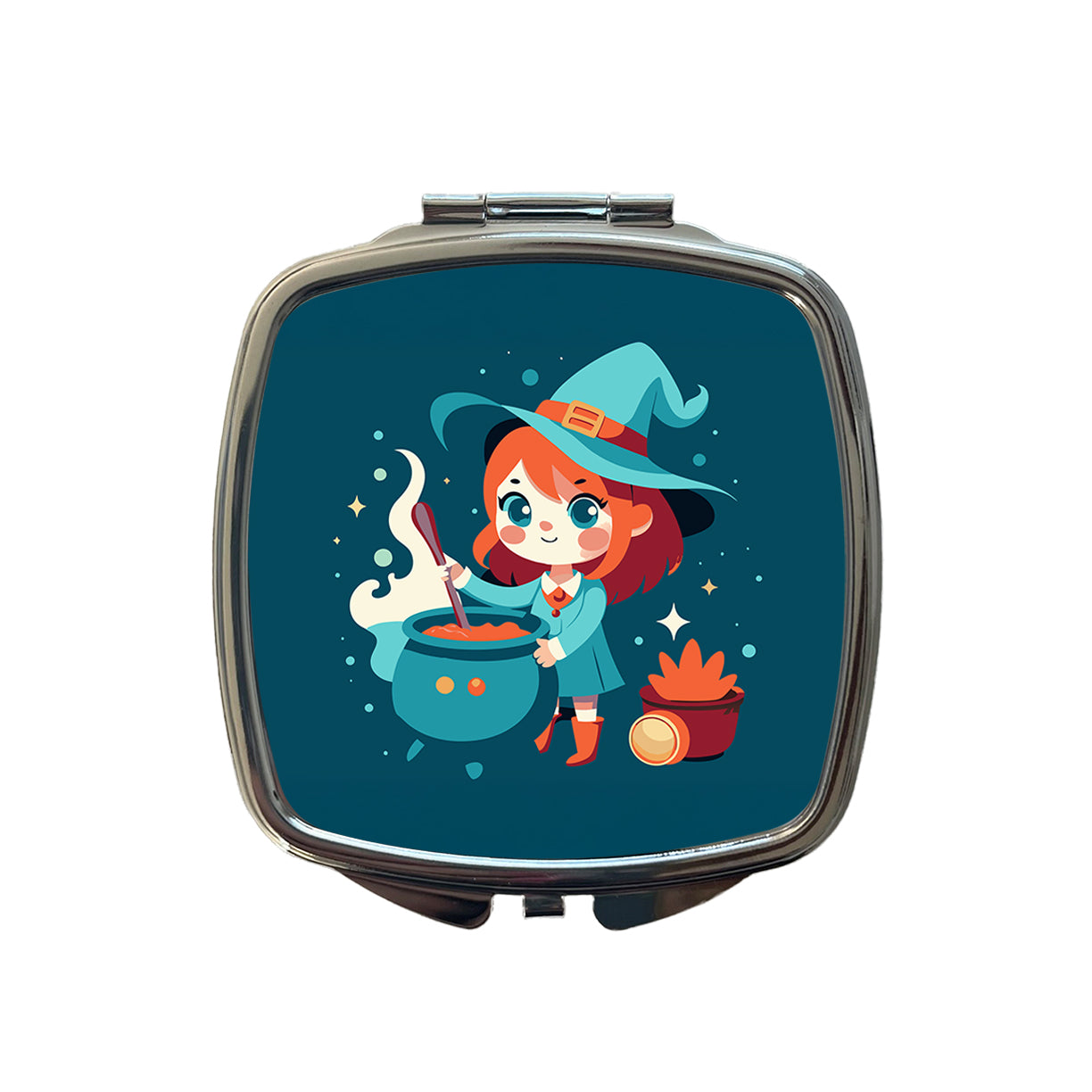Cute Witch Stirring Cauldron Halloween Small Travel Purse Handbag Pocket Makeup Compact Mirror