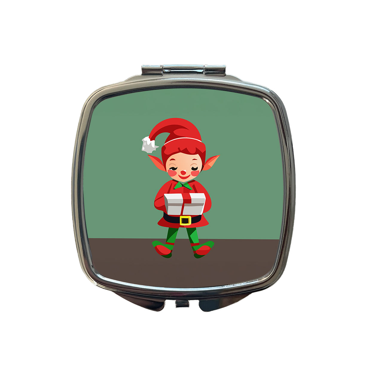 Elf Christmas Opening Present Small Travel Purse Handbag Pocket Makeup Compact Mirror