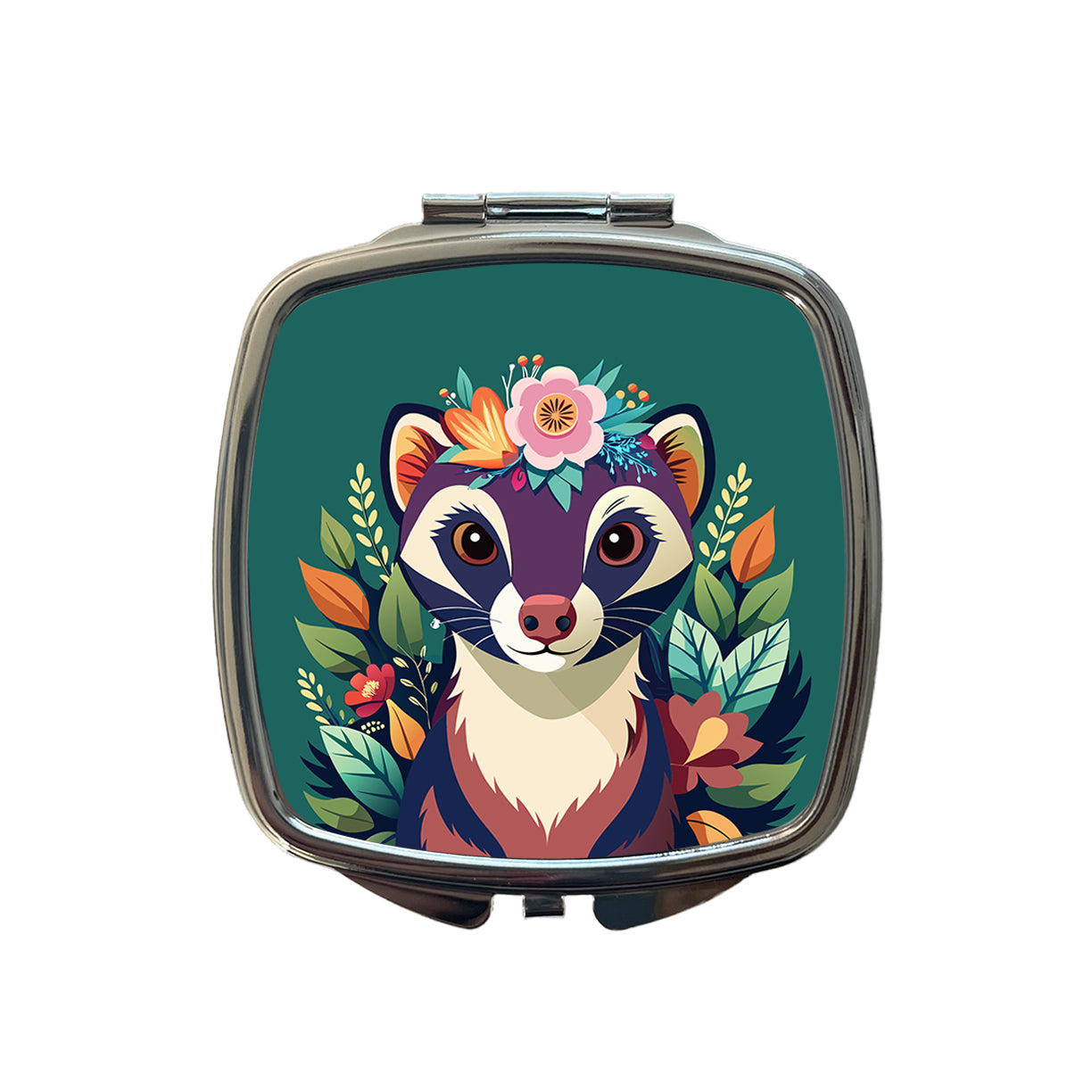 Ferret Head Floral Flowers Small Travel Purse Handbag Pocket Makeup Compact Mirror