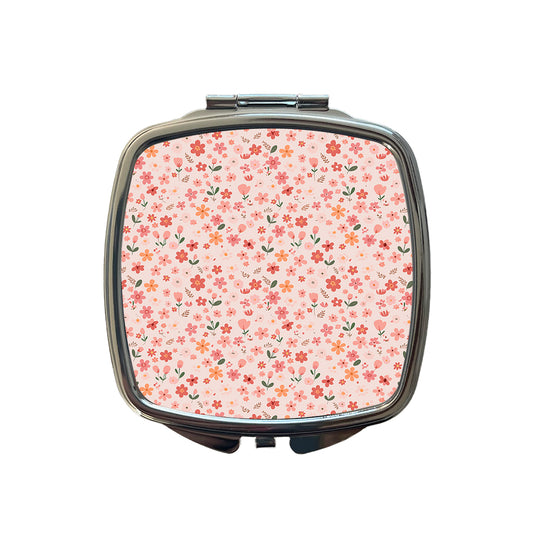 Flowers Peach Pink Cute Pattern Small Travel Purse Handbag Pocket Makeup Compact Mirror