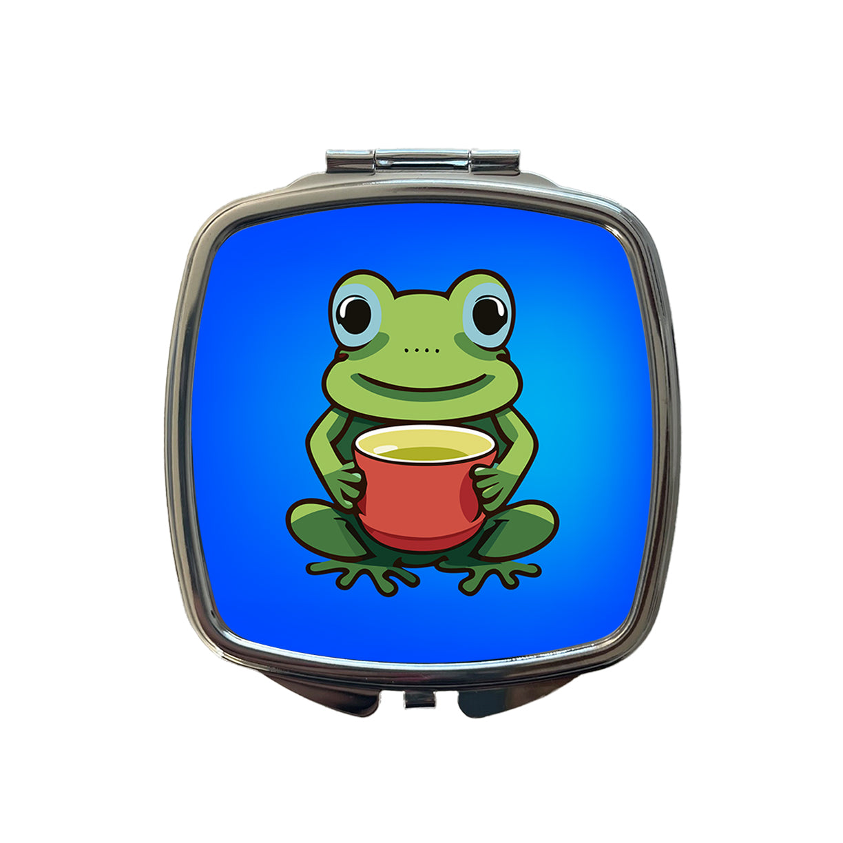 Frog Drinking Tea Funny Small Travel Purse Handbag Pocket Makeup Compact Mirror