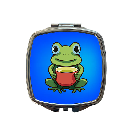 Frog Drinking Tea Funny Small Travel Purse Handbag Pocket Makeup Compact Mirror