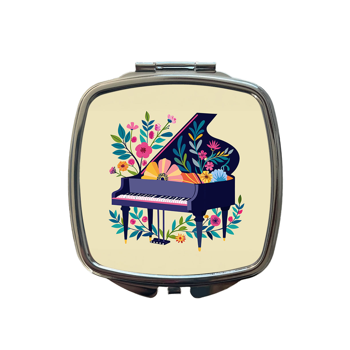 Grand Piano Music Floral Motif Small Travel Purse Handbag Pocket Makeup Compact Mirror