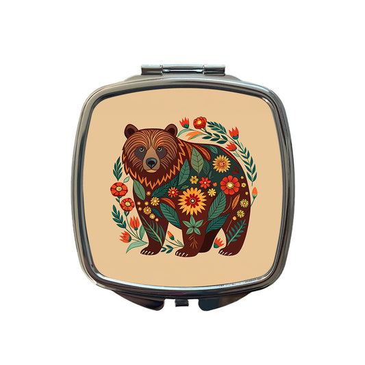 Grizzly Bear Floral Motif Small Travel Purse Handbag Pocket Makeup Compact Mirror