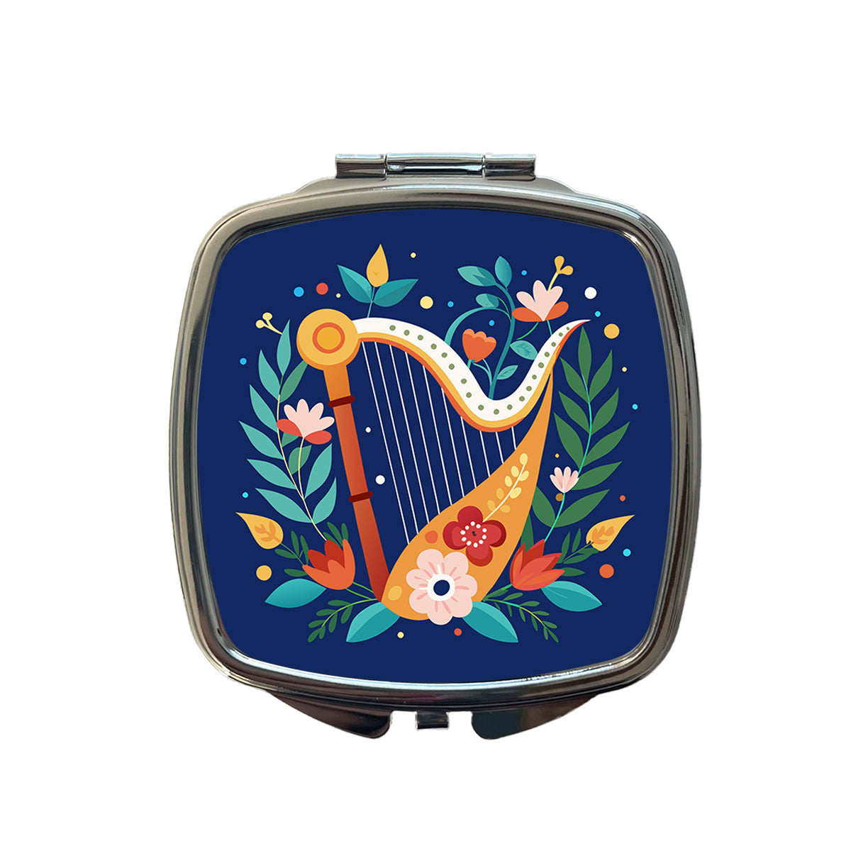 Harp Music Floral Motif Small Travel Purse Handbag Pocket Makeup Compact Mirror