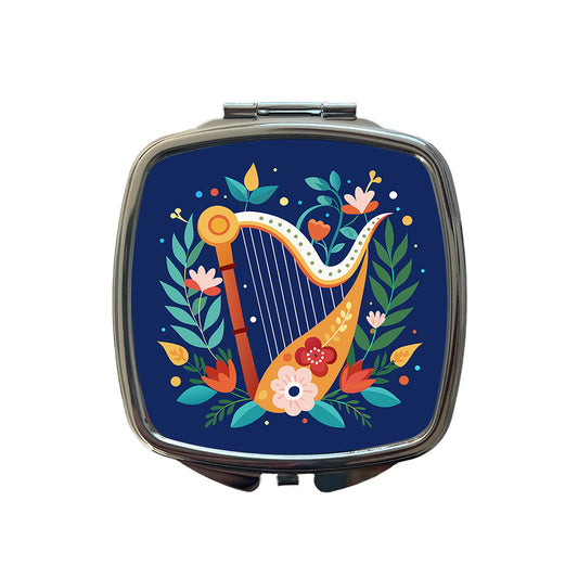 Harp Music Floral Motif Small Travel Purse Handbag Pocket Makeup Compact Mirror