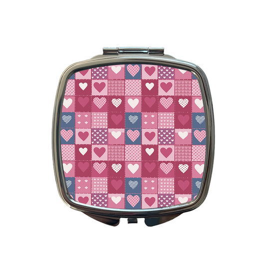 Hearts Quilt Valentines Day Anniversary Love Wedding Pattern Small Travel Purse Handbag Pocket Makeup Compact Mirror
