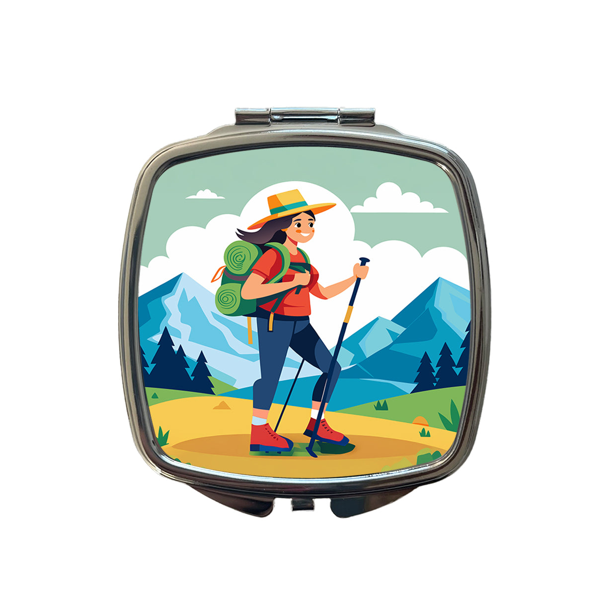 Hiker Hiking Backpacking Woman Small Travel Purse Handbag Pocket Makeup Compact Mirror