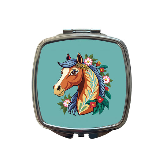 Horse Head Floral Flowers Cottagecore Country Western Small Travel Purse Handbag Pocket Makeup Compact Mirror