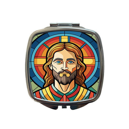 Jesus Stained Glass Christian Religious Catholic Small Travel Purse Handbag Pocket Makeup Compact Mirror