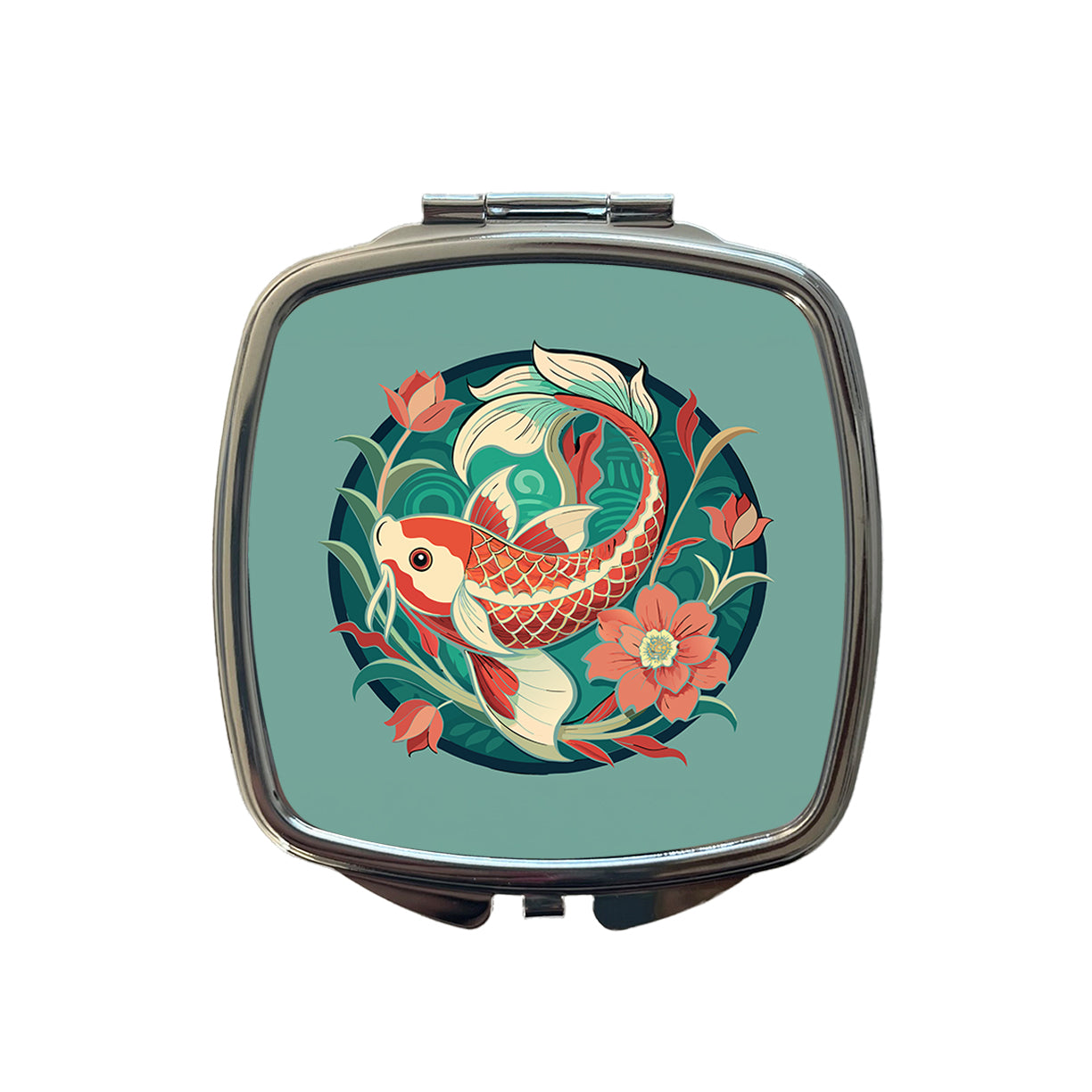 Koi Fish Floral Art Nouveau Flowers Elegant Small Travel Purse Handbag Pocket Makeup Compact Mirror