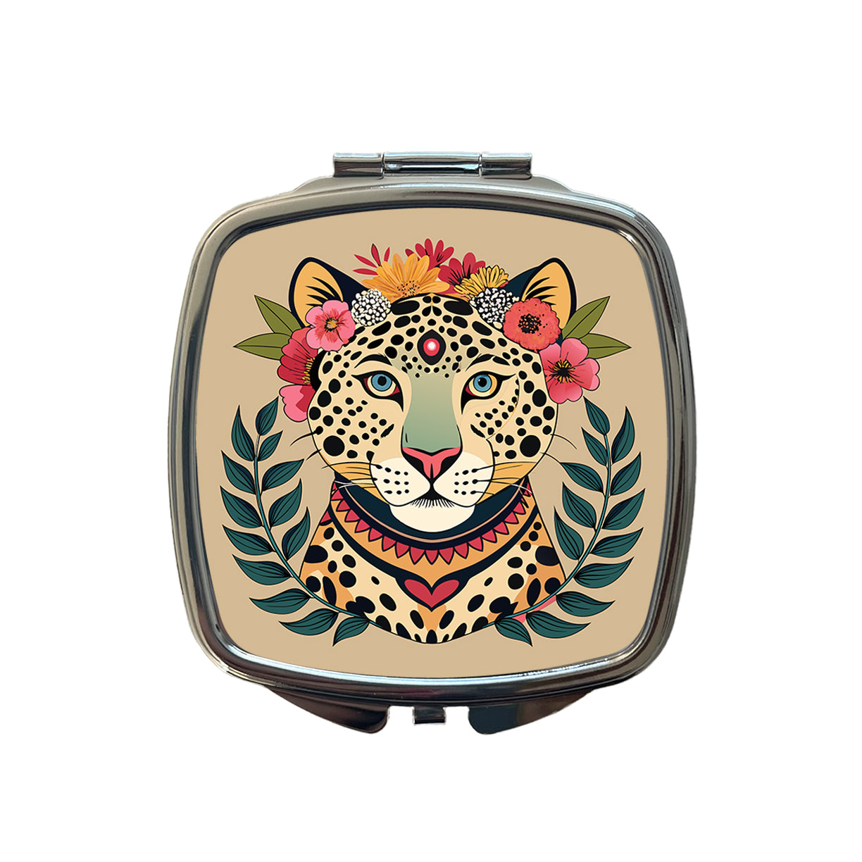Leopard Head Floral Flowers Small Travel Purse Handbag Pocket Makeup Compact Mirror