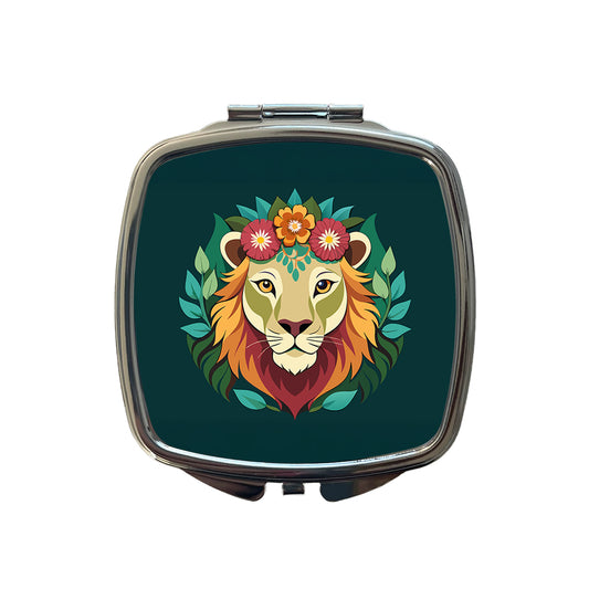 Lion Head Floral Flowers Small Travel Purse Handbag Pocket Makeup Compact Mirror
