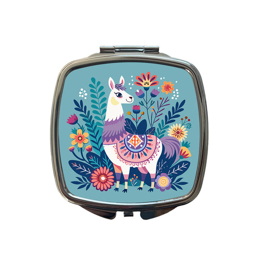 Llama Alpaca Floral Flowers Small Travel Purse Handbag Pocket Makeup Compact Mirror