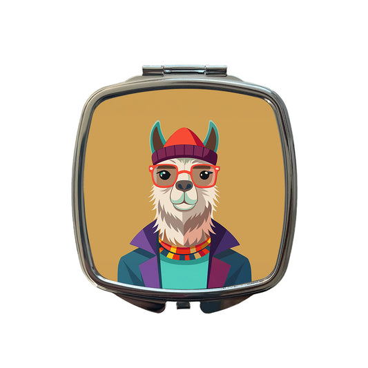 Llama Hipster Funny Wearing Glasses Hat Small Travel Purse Handbag Pocket Makeup Compact Mirror
