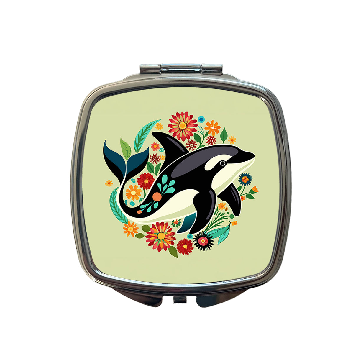 Orca Whale Floral Flowers Small Travel Purse Handbag Pocket Makeup Compact Mirror