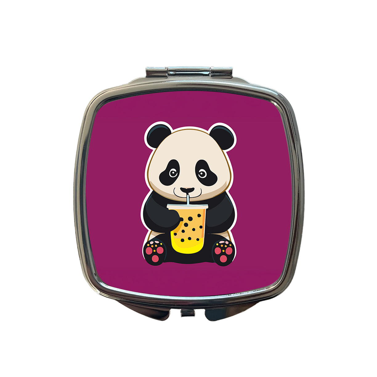 Panda Drinking Boba Bubble Tea Small Travel Purse Handbag Pocket Makeup Compact Mirror