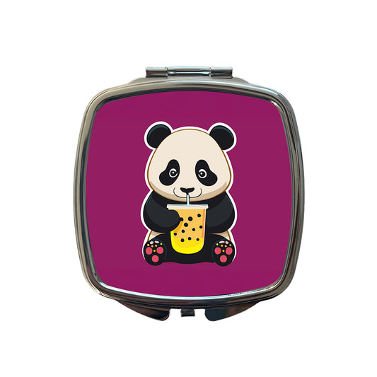 Panda Drinking Boba Bubble Tea Small Travel Purse Handbag Pocket Makeup Compact Mirror