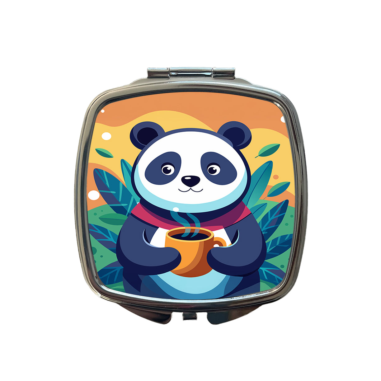 Panda Drinking Coffee Small Travel Purse Handbag Pocket Makeup Compact Mirror
