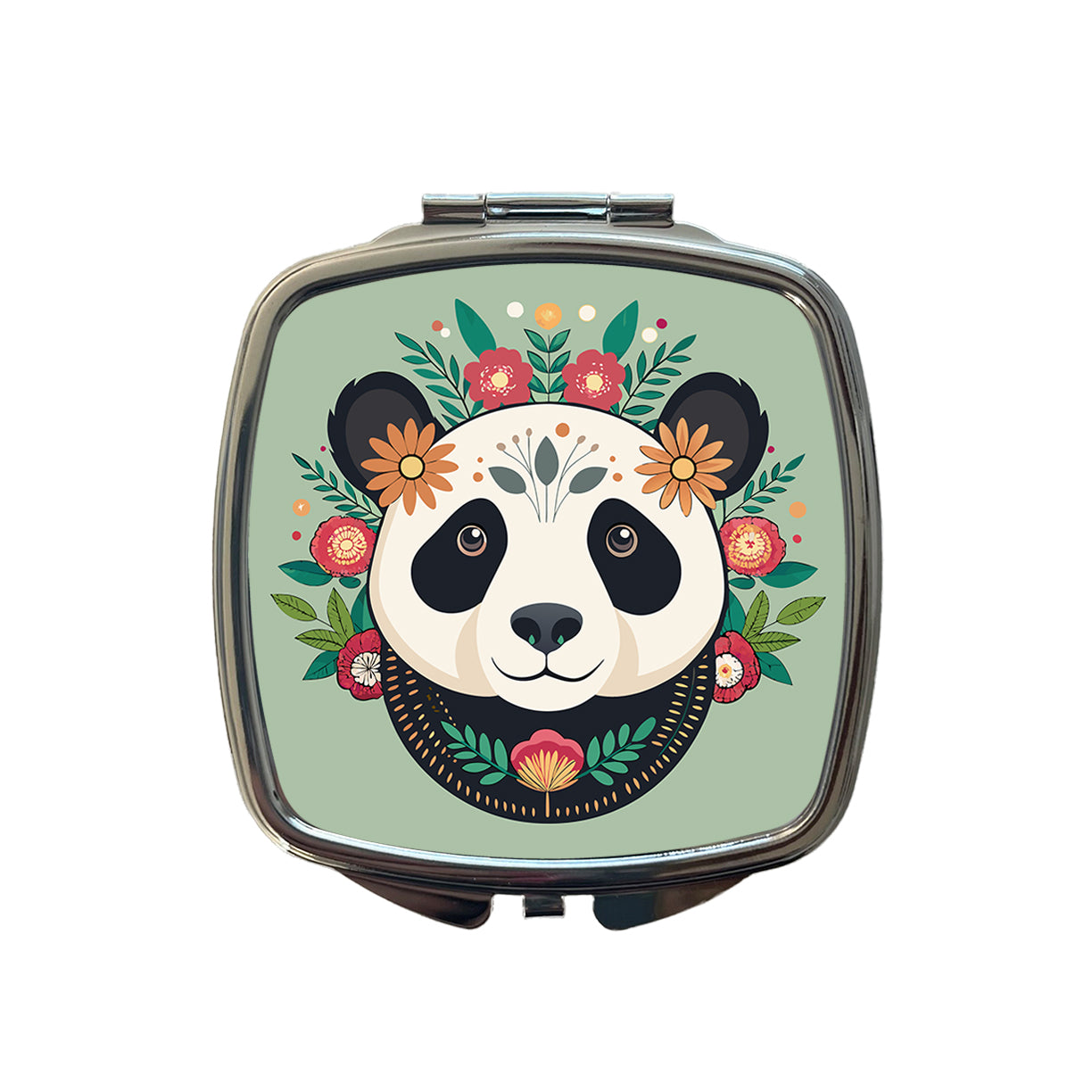 Panda Head Floral Flowers Small Travel Purse Handbag Pocket Makeup Compact Mirror