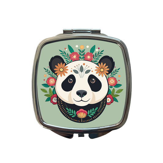 Panda Head Floral Flowers Small Travel Purse Handbag Pocket Makeup Compact Mirror