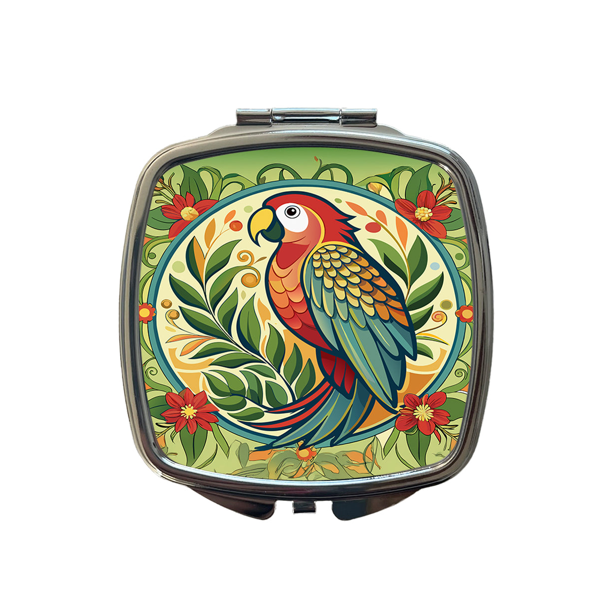 Parrot Floral Art Nouveau Flowers Elegant Small Travel Purse Handbag Pocket Makeup Compact Mirror