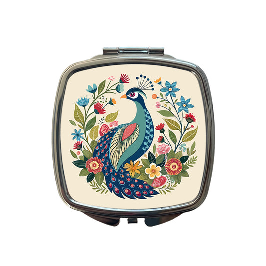 Peacock Floral Flowers Small Travel Purse Handbag Pocket Makeup Compact Mirror