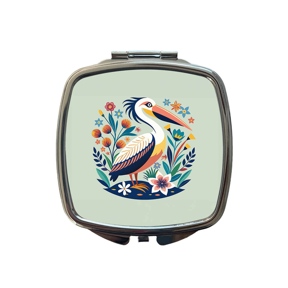 Pelican Bird Floral Flowers Small Travel Purse Handbag Pocket Makeup Compact Mirror