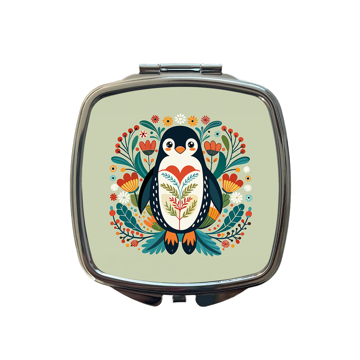 Penguin Floral Flowers Small Travel Purse Handbag Pocket Makeup Compact Mirror