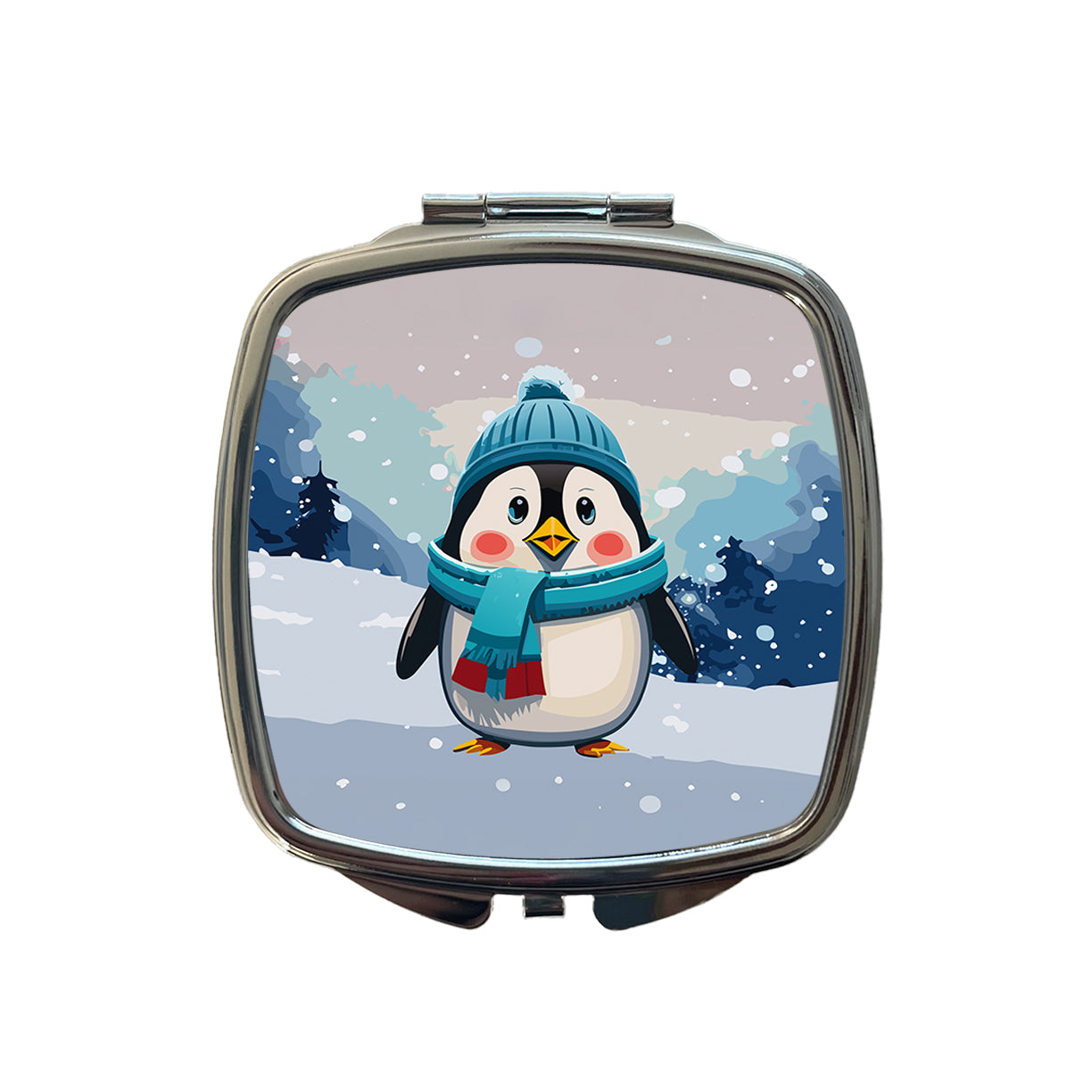 Penguin Winter Wearing Hat Scarf Cute Small Travel Purse Handbag Pocket Makeup Compact Mirror