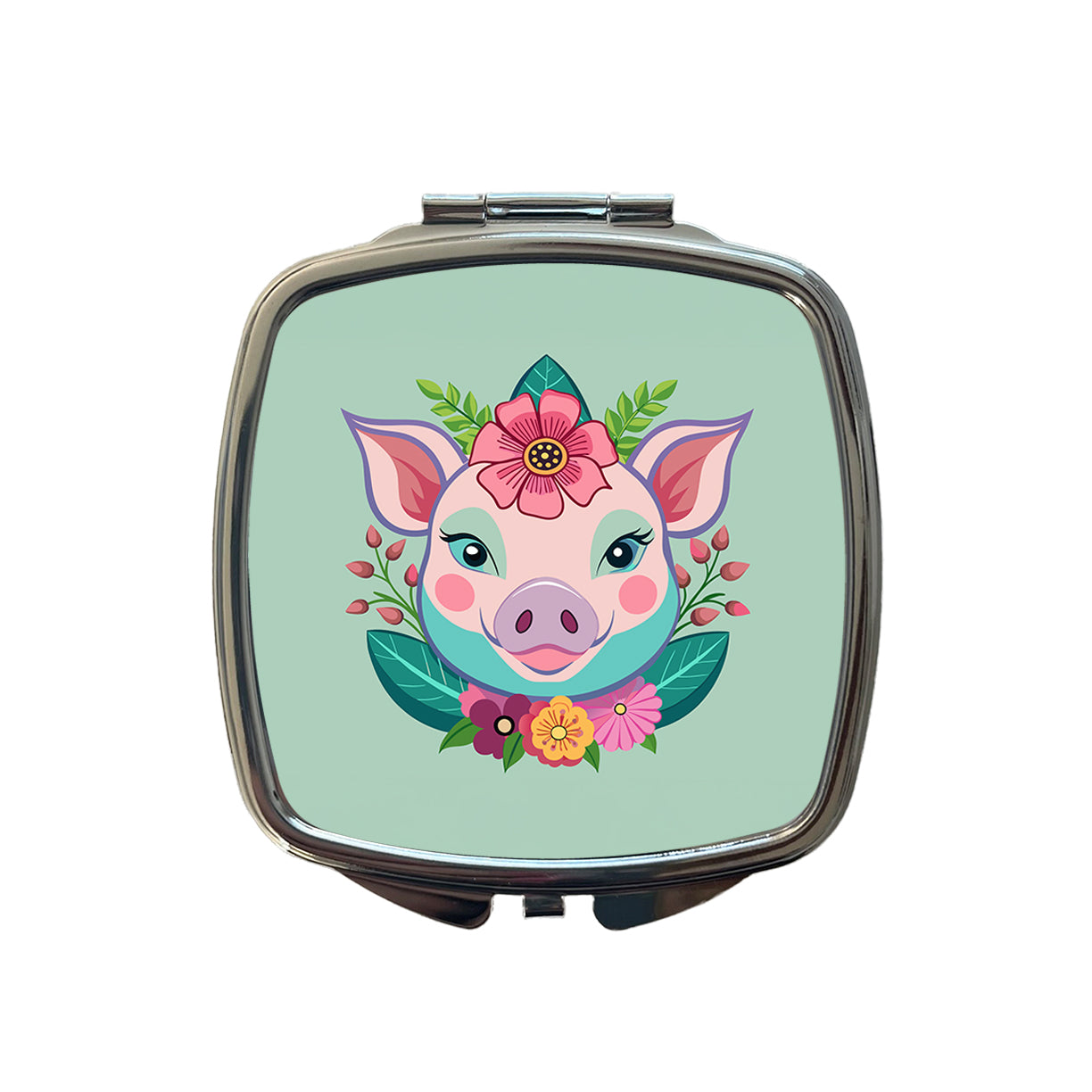 Pig Head Floral Flowers Small Travel Purse Handbag Pocket Makeup Compact Mirror