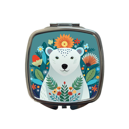 Polar Bear Floral Flowers Small Travel Purse Handbag Pocket Makeup Compact Mirror
